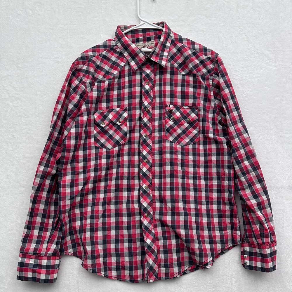 Wrangler Shirt Men L Red Plaid Long Sleeve Pearl Snap Western Cowboy Brushpopper